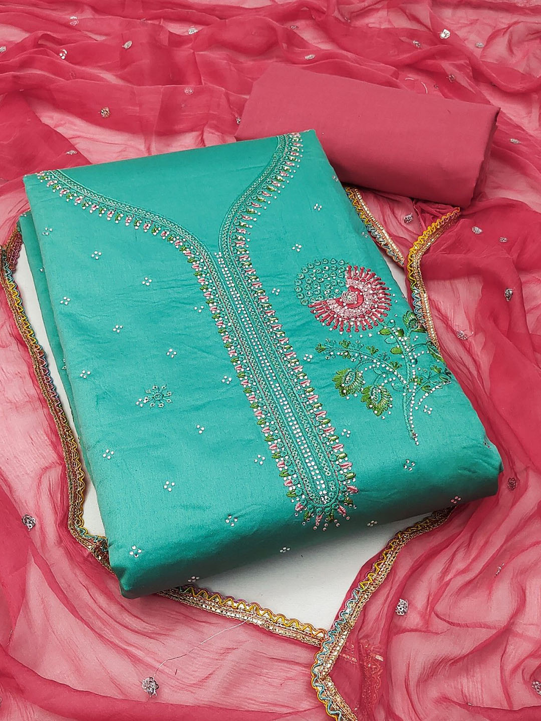 Rangtulika Ethnics Floral Embroidered Stone Work Pure Cotton Unstitched Dress Material