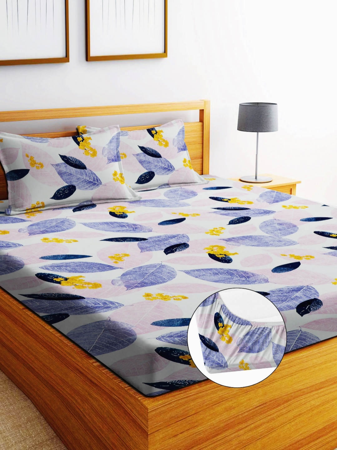 EXFAB Purple Leaf Pure Cotton 240 TC Fitted King Fine Bedsheet with 2 Pillow Covers-2.75 x 2.50 cm