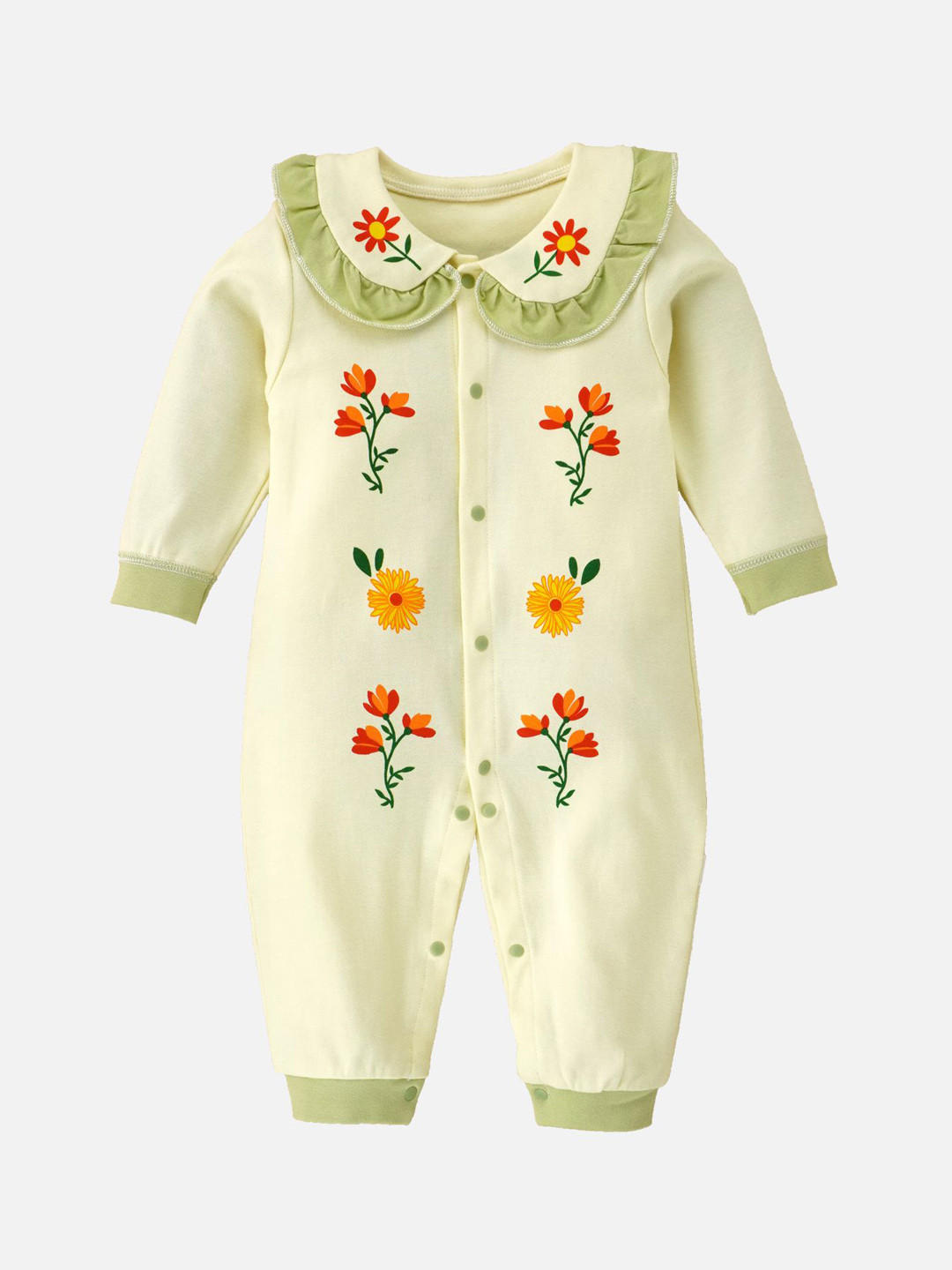 Little Surprise Box LLP Kids Cream Ruffled Green Neck Floaral Pattern Full Sleeves Romper