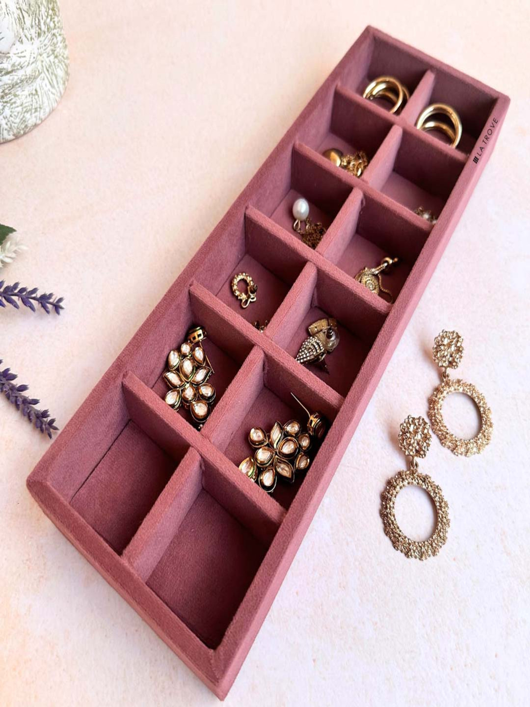 La Trove 12 Grid Darkpink Sleek Jewellery Velvet Organizer Tray