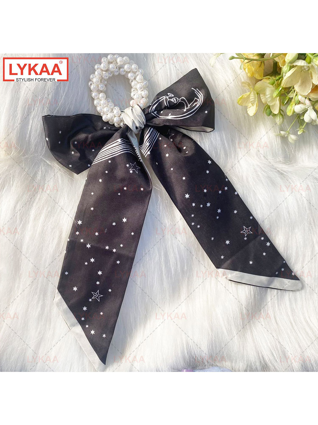 LYKAA Set of 1 Black Printed Satin Scarf Hair Scrunchies With Pearl