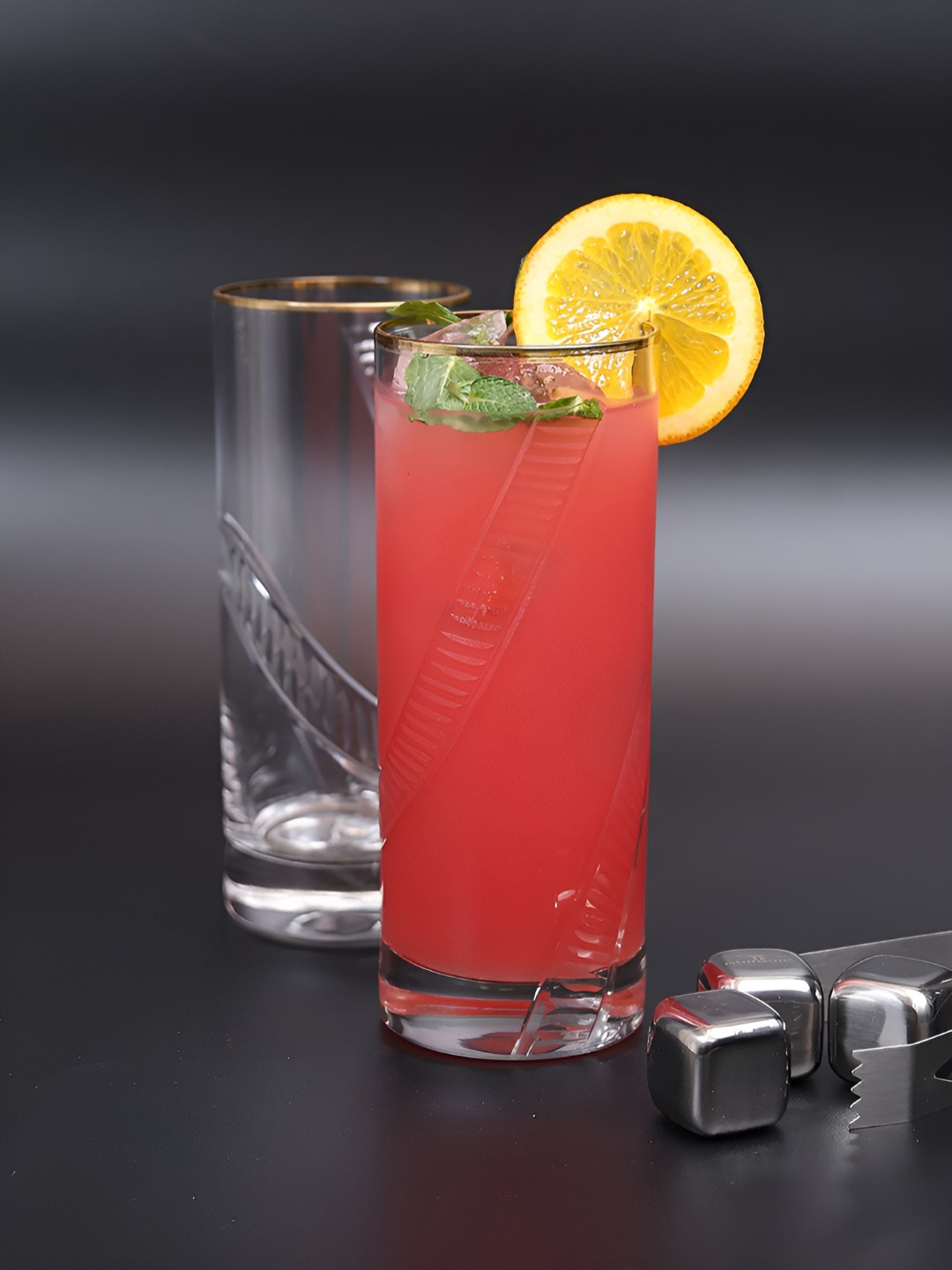 SMOKEY COCKTAIL Transparent & Gold-Toned 2 Pieces Textured Tall Crystal Cocktail Glasses