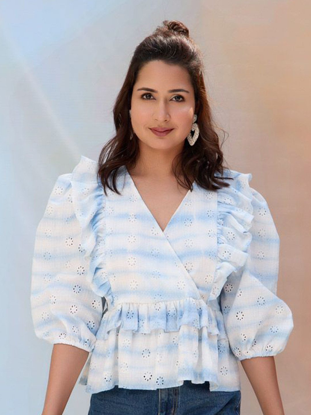 Shades of Sabi Schiffli V-Neck White Regular Top