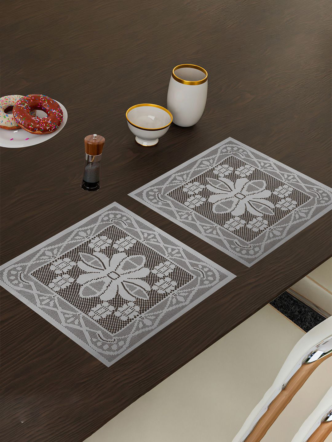 Kuber Industries White 2 Pieces Floral Cotton Square Net Table Placemats