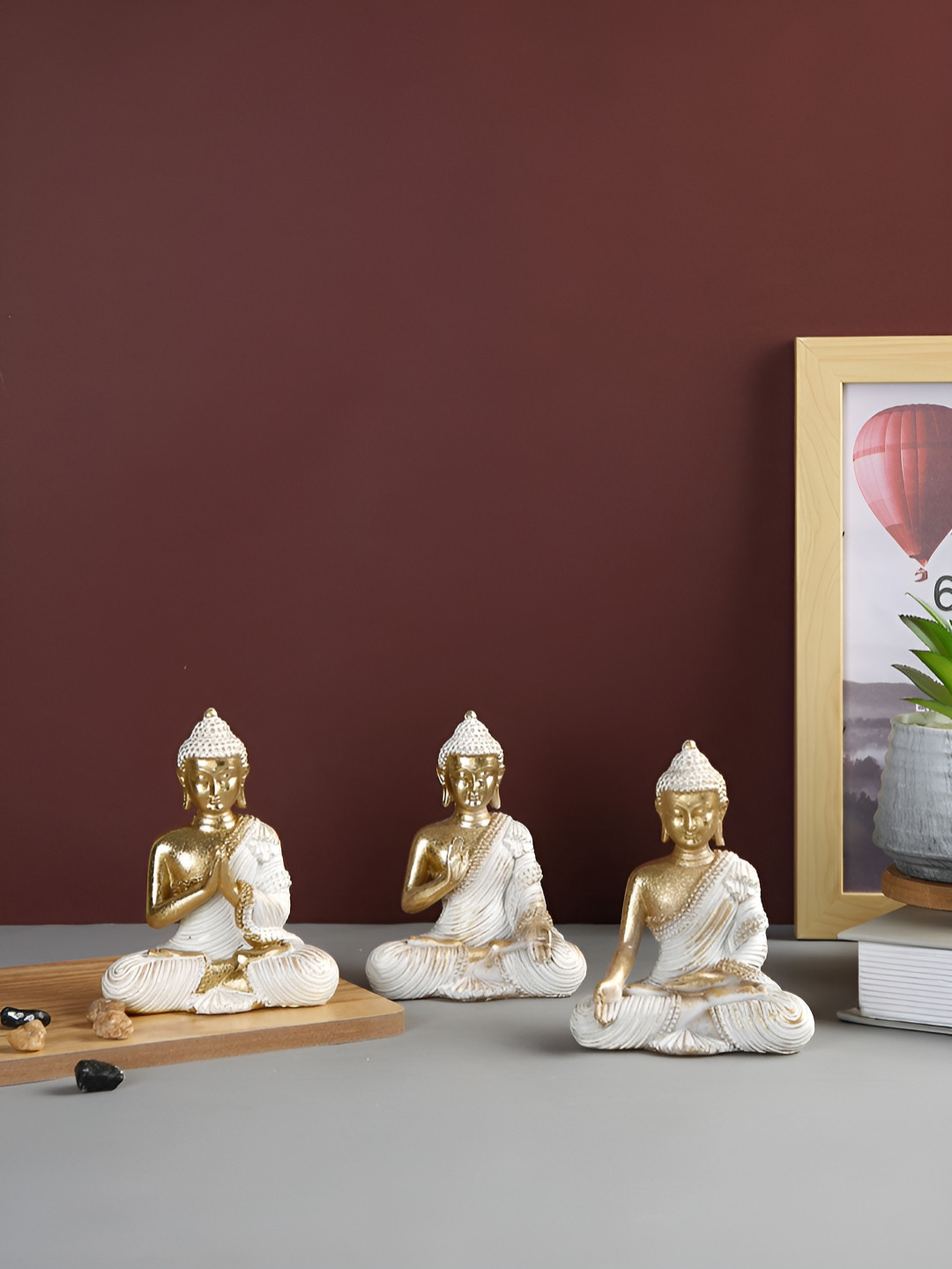 TAYHAA Buddha Serenity Trio Gold Polyresin Glossy Prayer Room Set of 3 Small Showpieces - 4.7 Inches