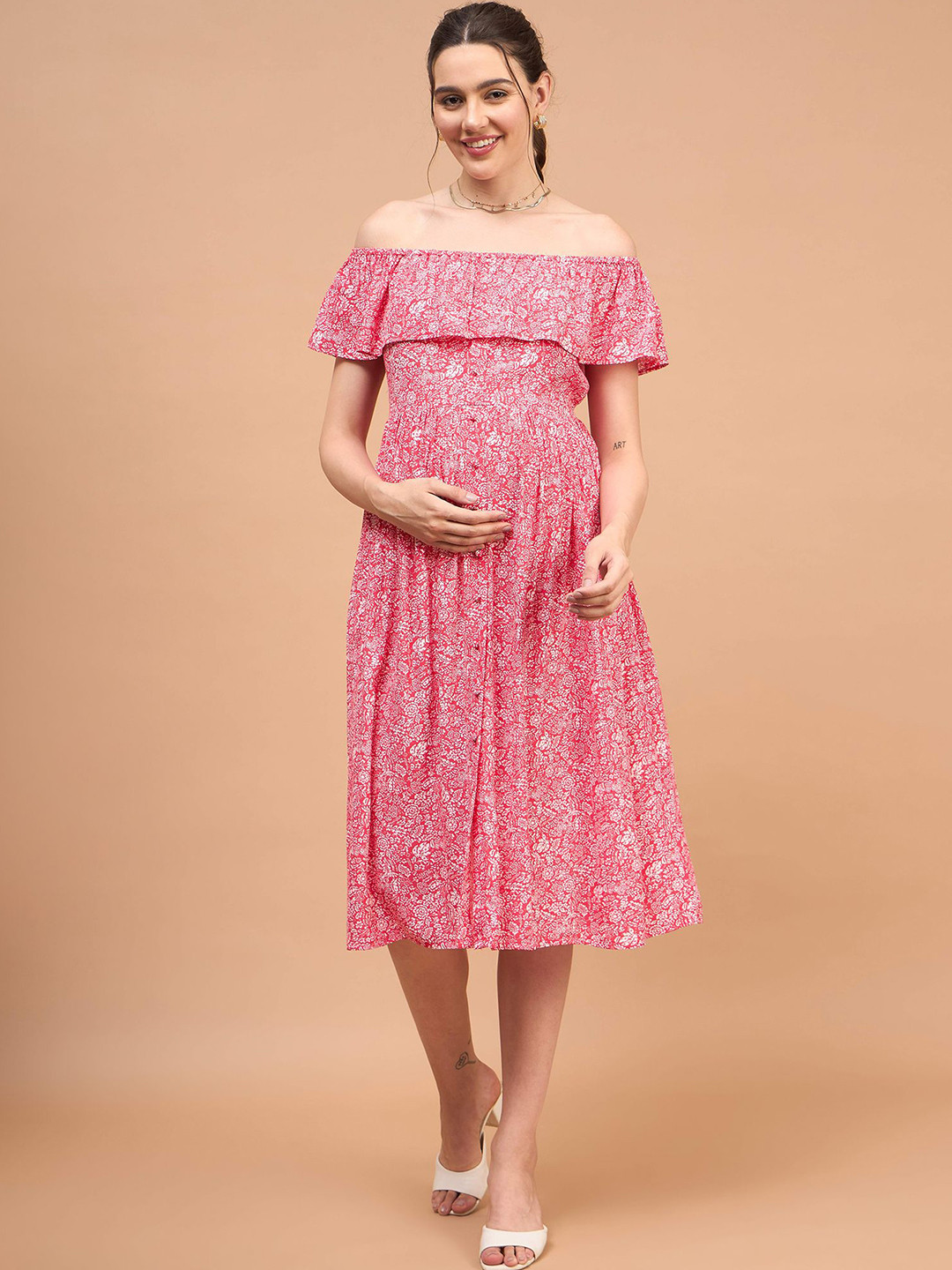 Shades of Sabi Floral Print Off-Shoulder Viscose Midi Maternity Dress