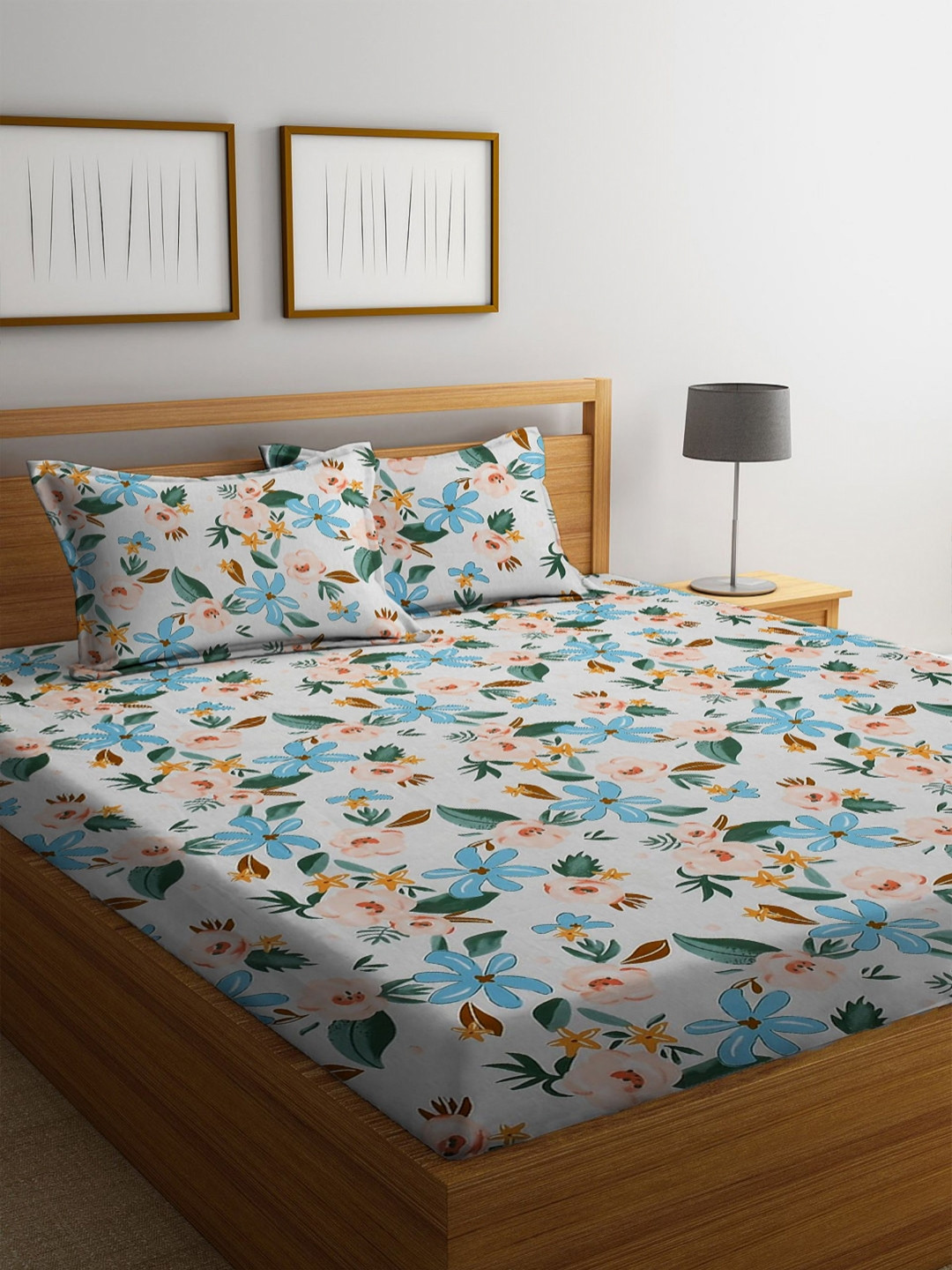 THE little BIG STORE White Floral Cotton 260 TC Fitted King Fine Bedsheet with 2 Pillow Covers-182 x 198 cm