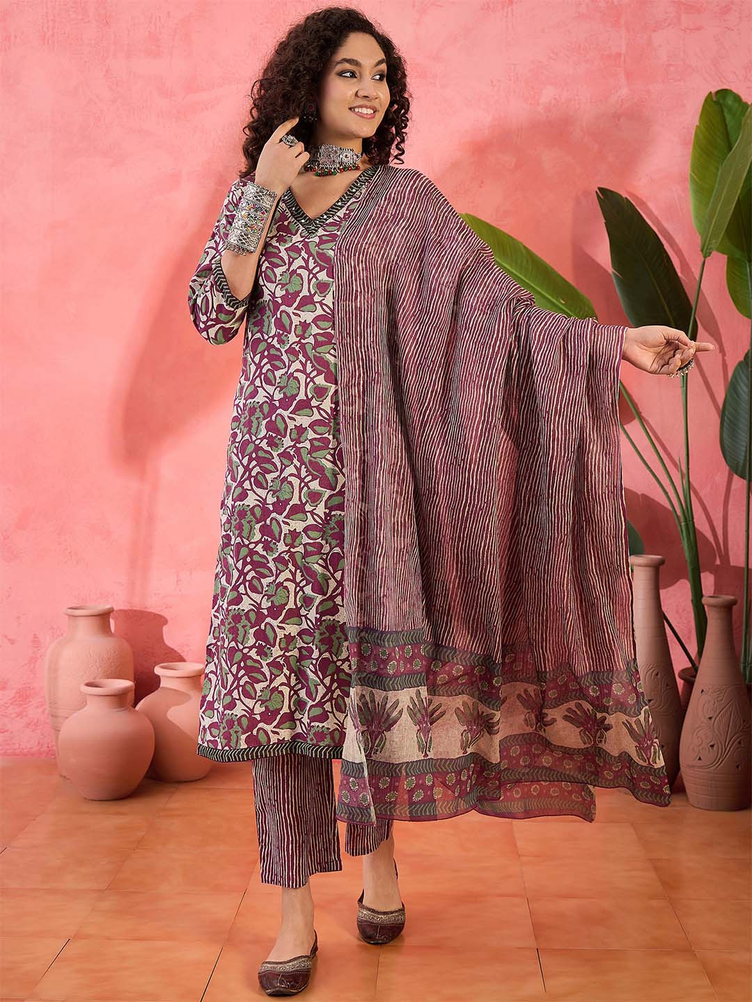 Sangria Floral Printed Sequinned Pure Cotton Straight Kurta With Trousers & Dupatta