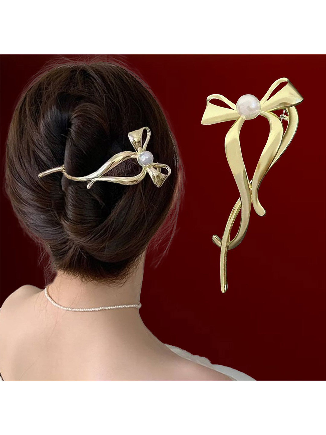 LYKAA Set of 1 Golden Bow Banana Clip Metal