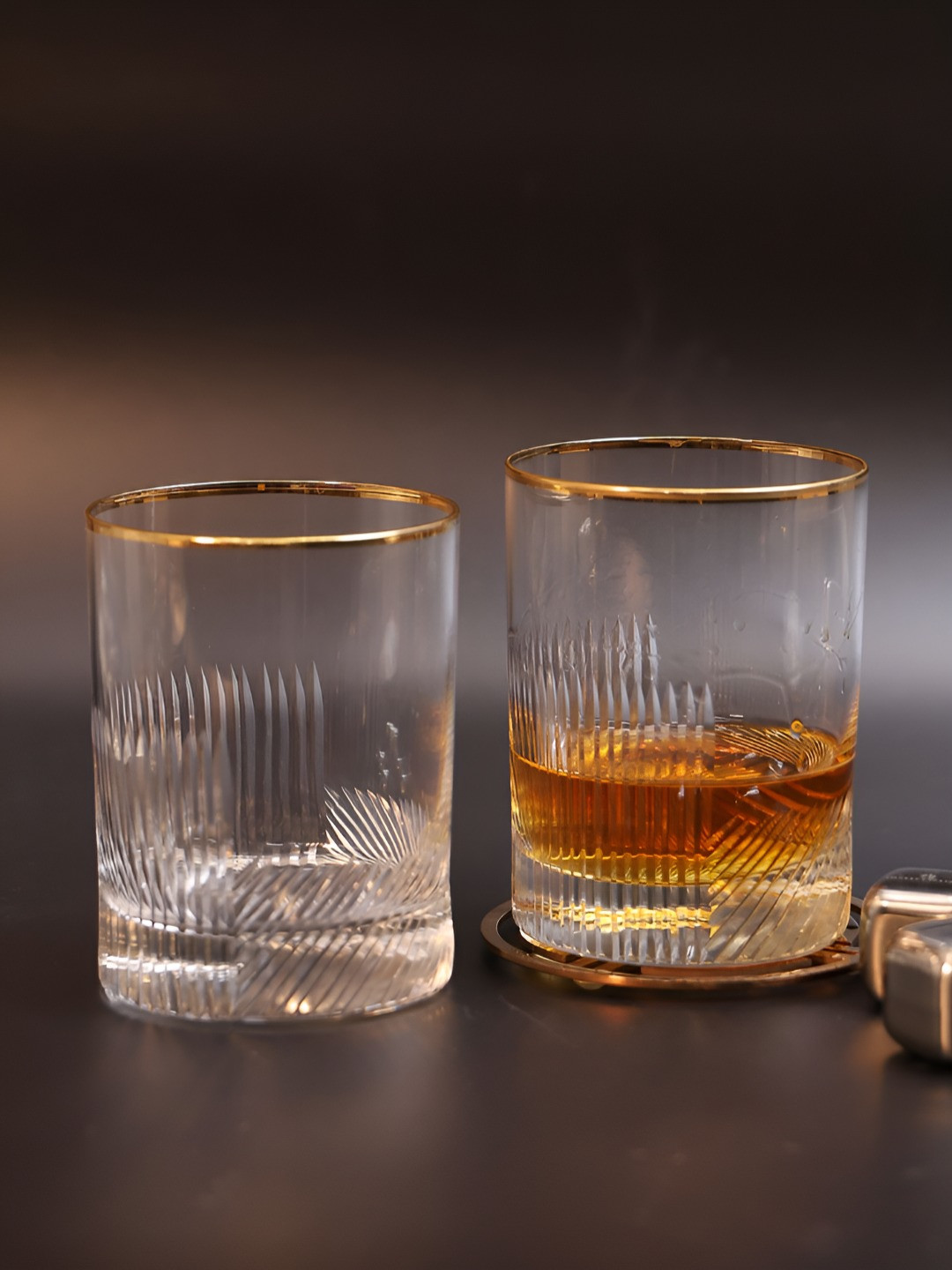 SMOKEY COCKTAIL Transparent Set of 2 Timeless Textured Crystal Whiskey Glasses