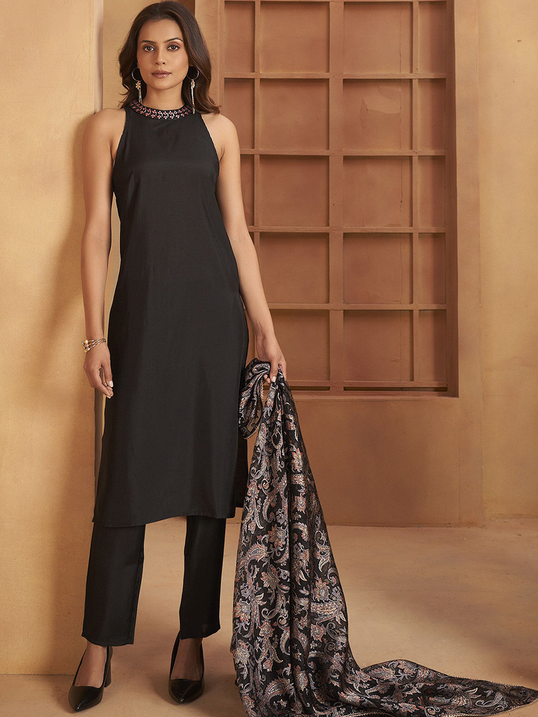 Anouk Halter Neck Mirror Work Straight Kurta With Trousers & Dupatta
