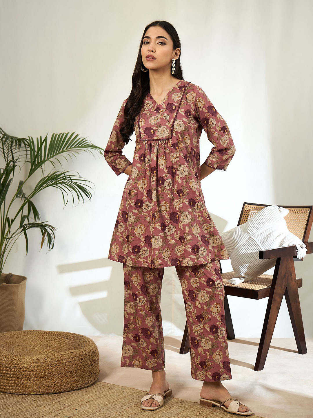 BANDIA Floral Printed V-Neck Pure Cotton Tunic With Palazzo