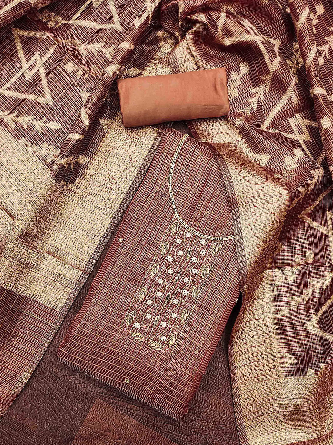 SAINOOR Abstract Beads and Stones Woven Design Organza Semi-Stitched Dress Material