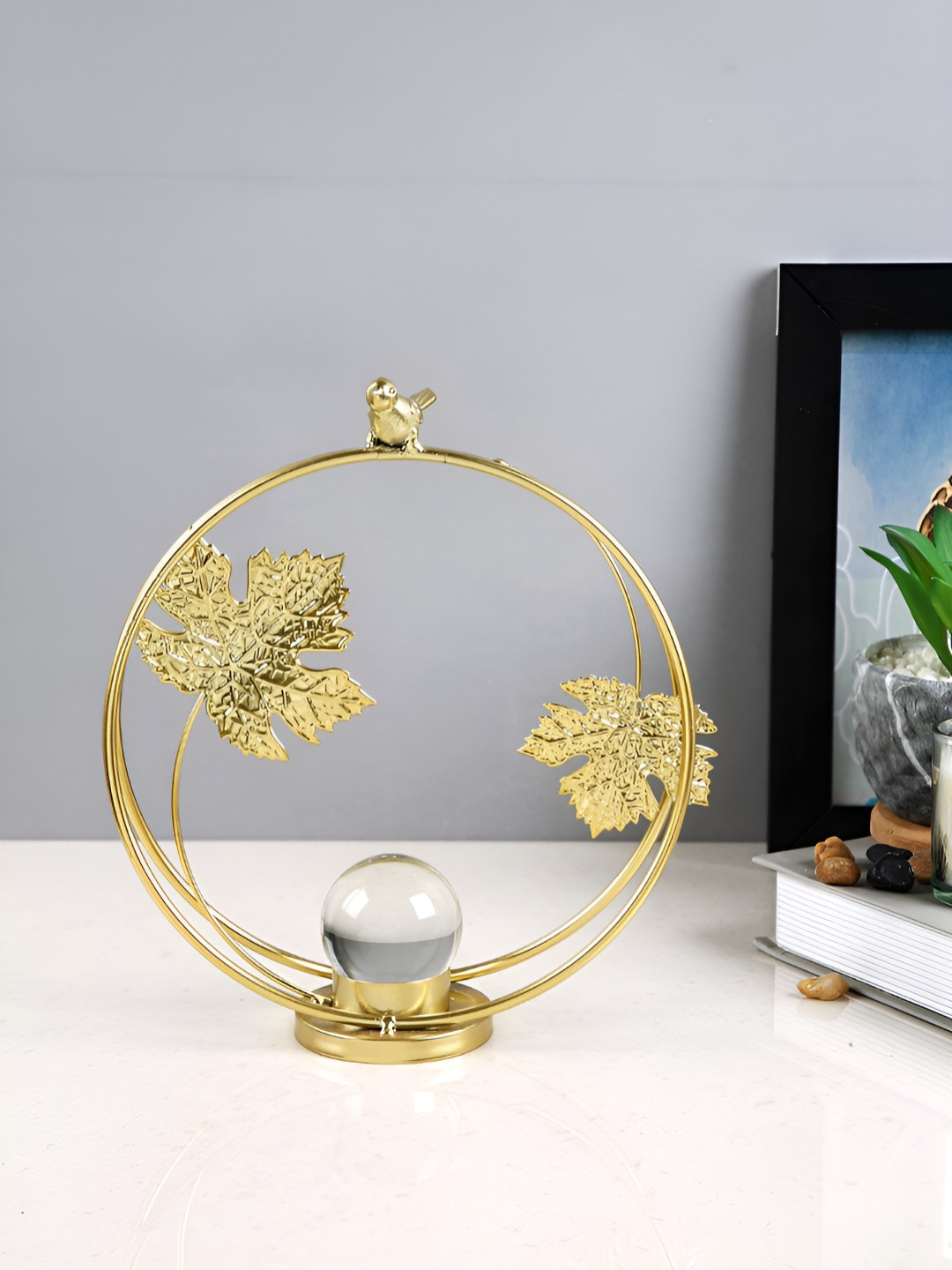 TAYHAA Maple Leaves Gold Metal Metallic Living Room Medium Showpiece - 9.3 Inches