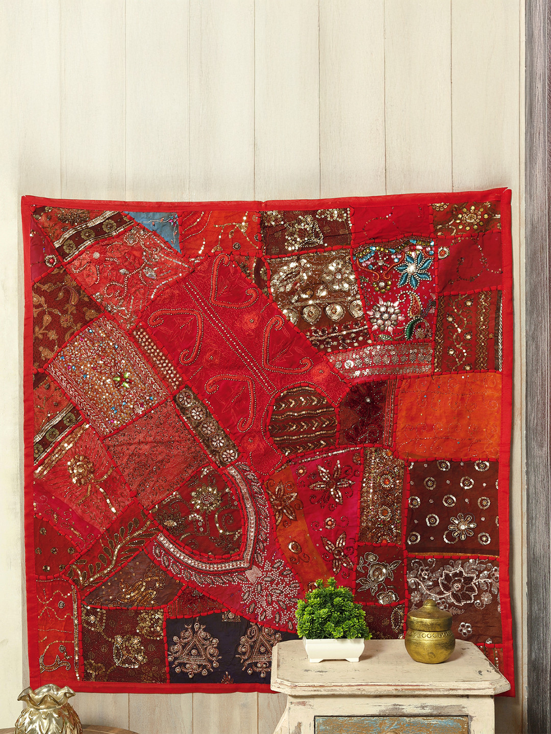 HANDICRAFT PALACE Red & Brown Embroidered Beaded Patchwork Wall Hanging