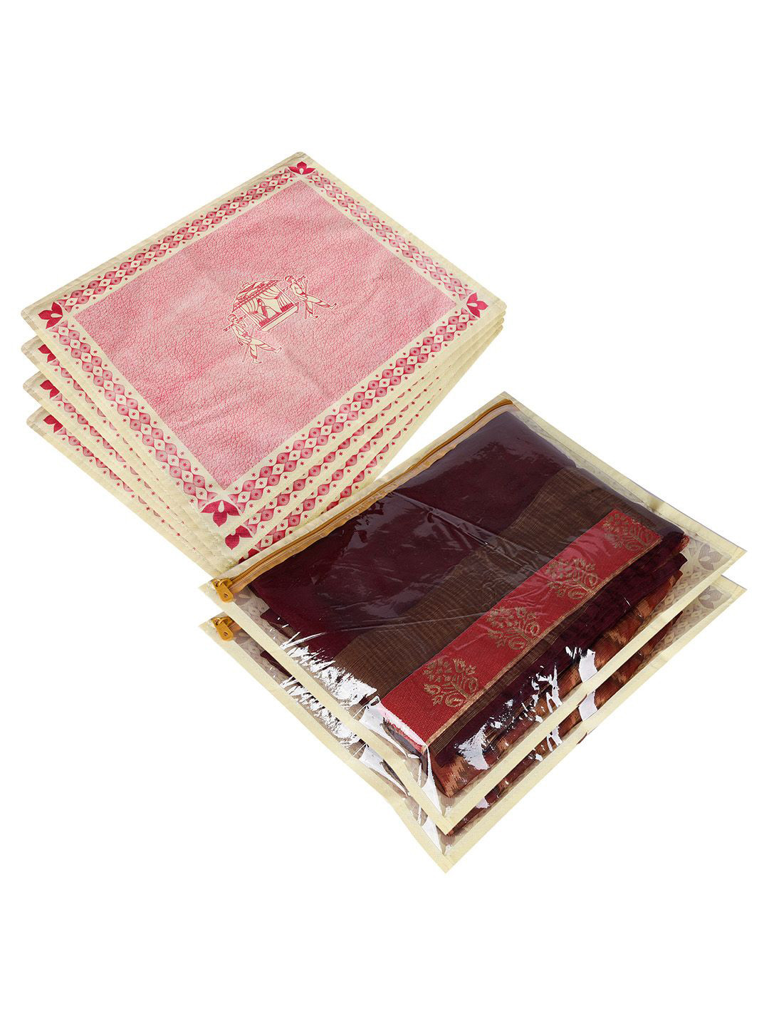 Kuber Industries Pink & Beige Pack of 6 Palki Printed Multi-Utility Organisers