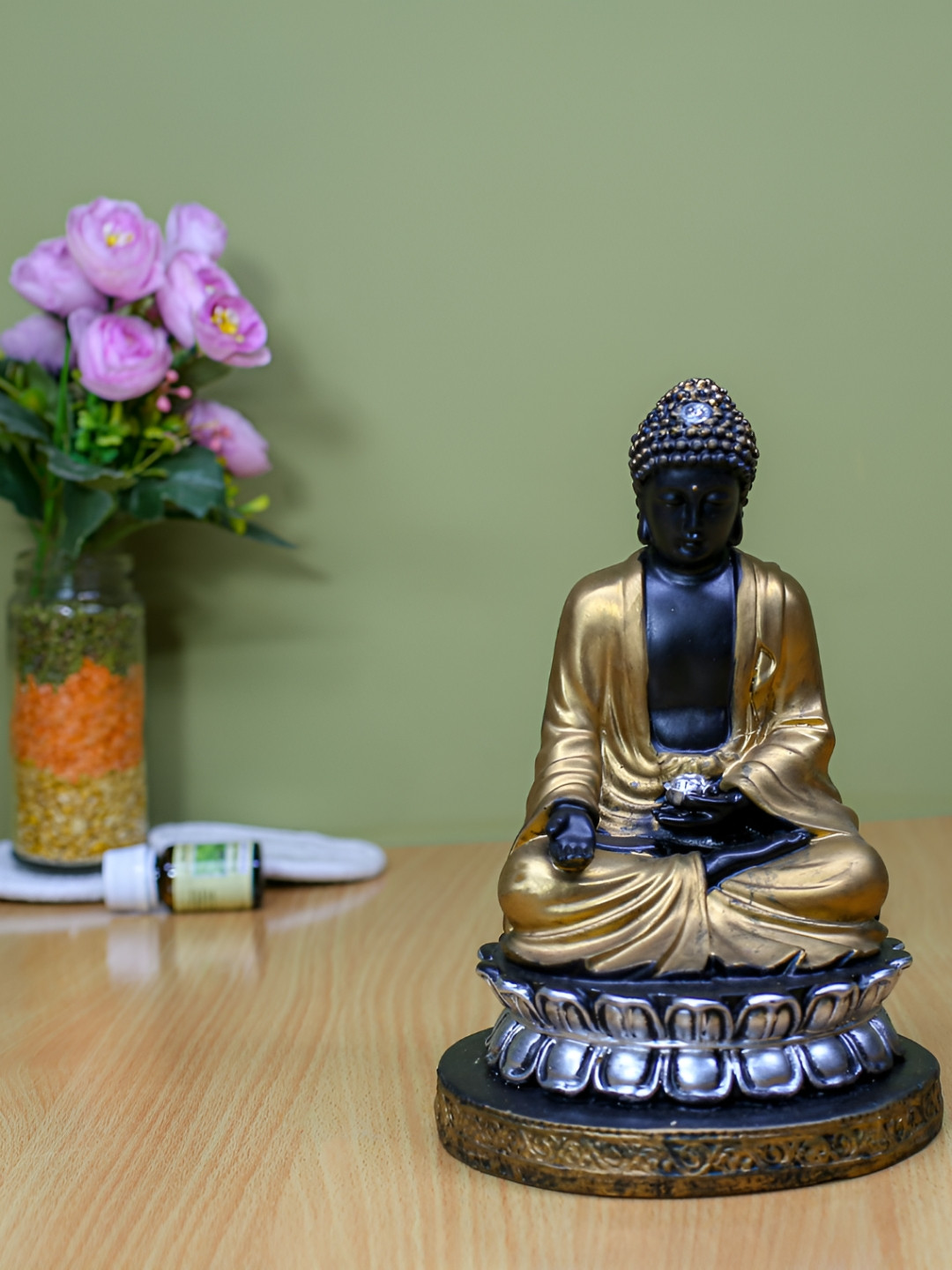 Nantan Buddha Gold Polyresin Glossy Living Room Medium Showpiece - 8.5 Inches