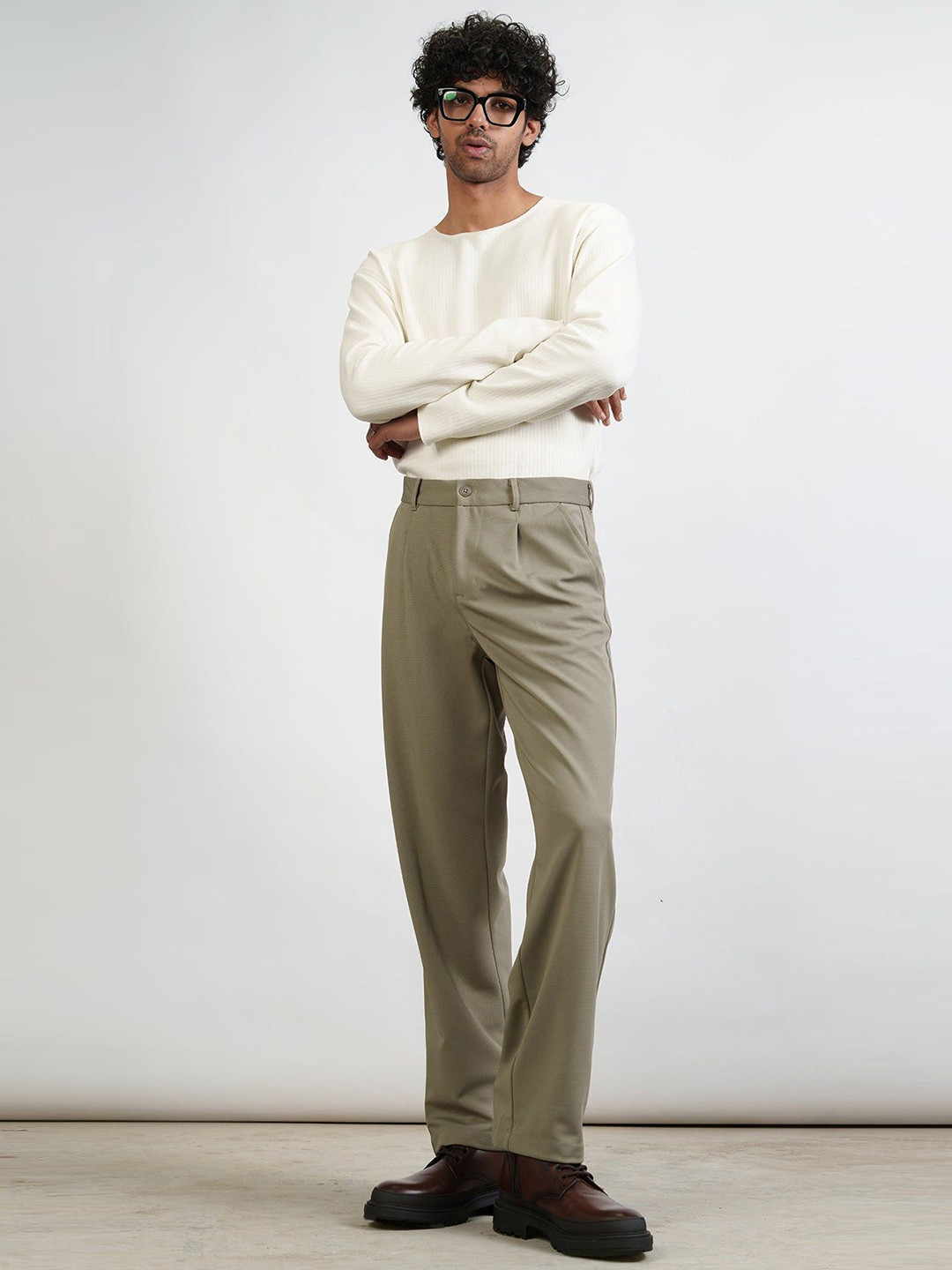 FREAKINS Men Echo Grey Straight Fit Pleated Korean Pants