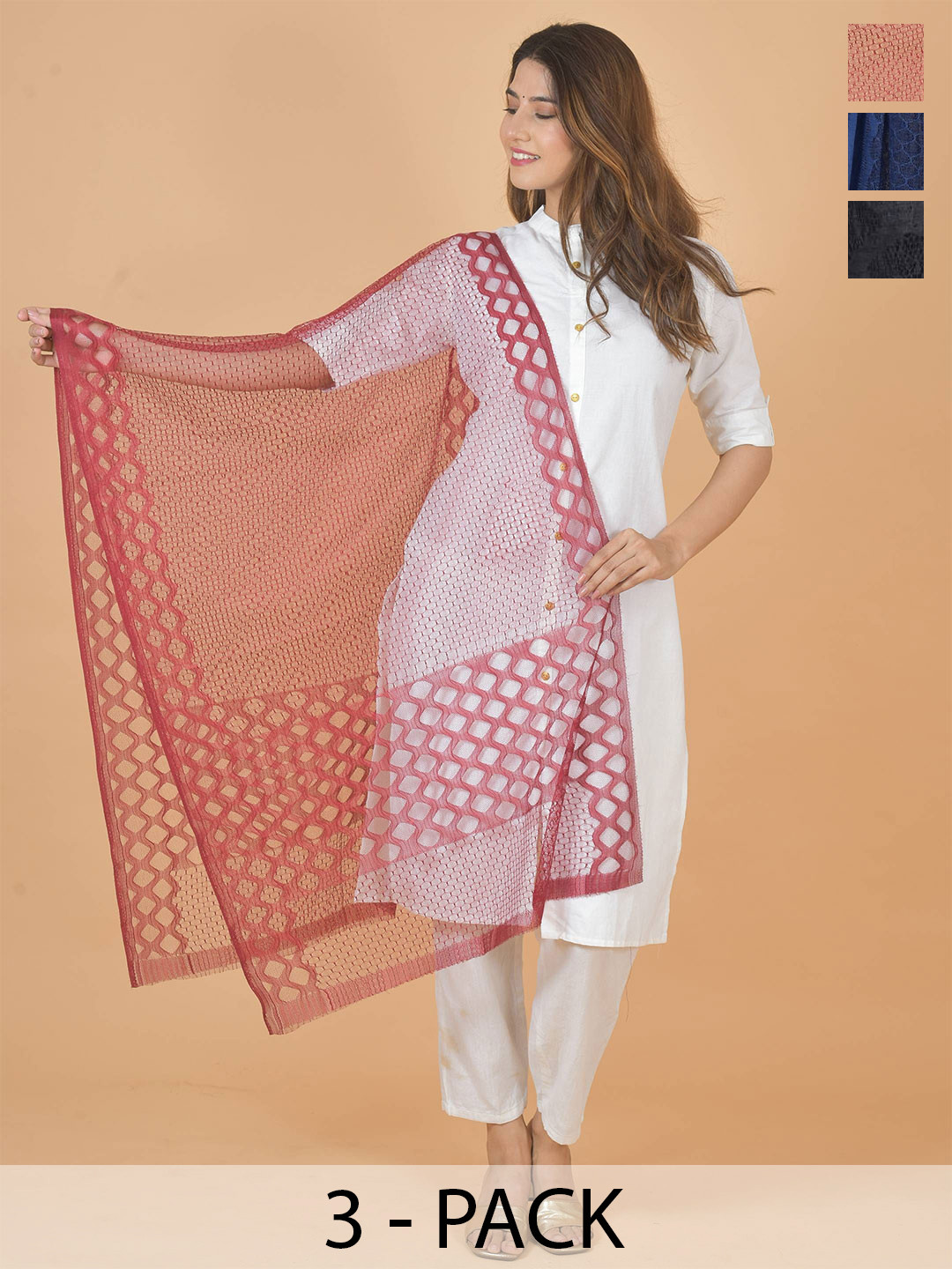 LA FEMINAE Selection Of 3 Geometric Woven Design Dupatta