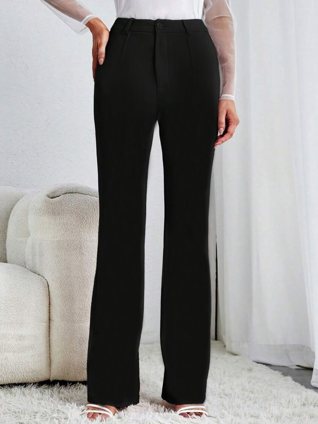 KERI PERRY Women Relaxed Straight Leg High-Rise Formal Trousers