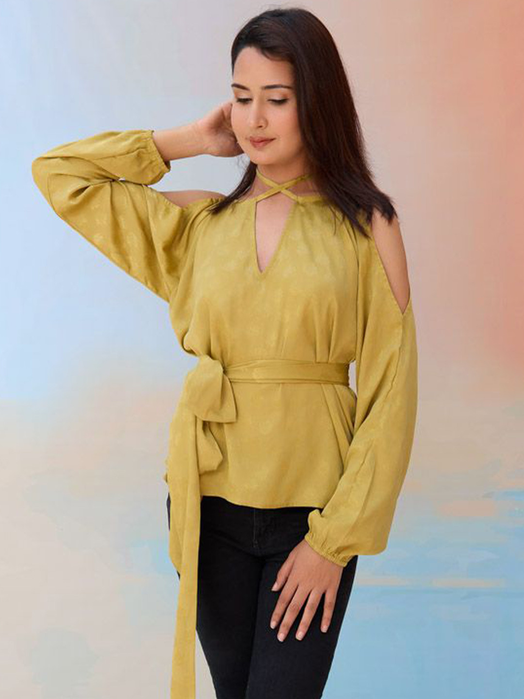 Shades of Sabi Satin Long Slit Puff Sleeve Top With belt