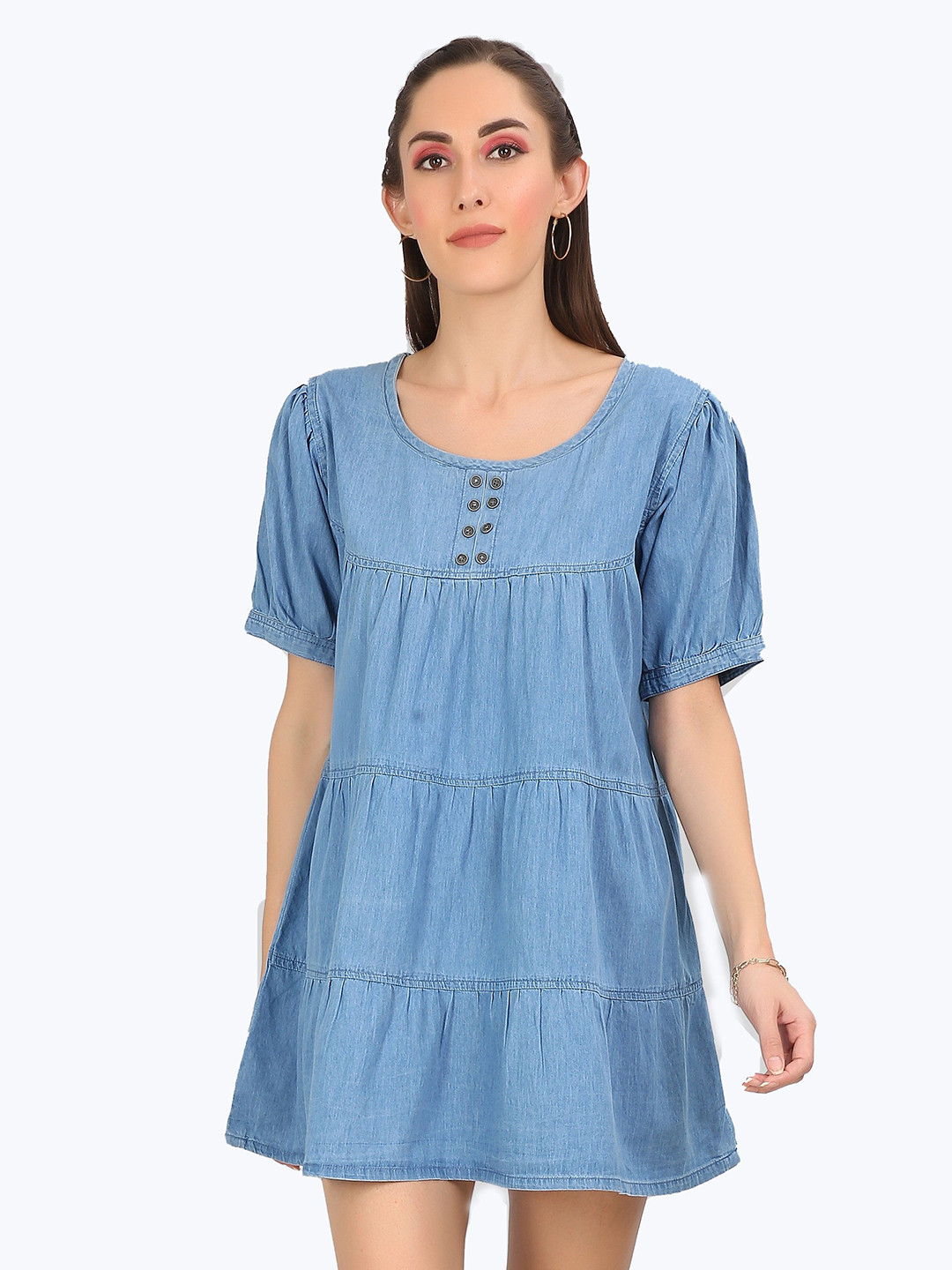 CEFALU Puff Sleeve Denim Fit & Flare Dress