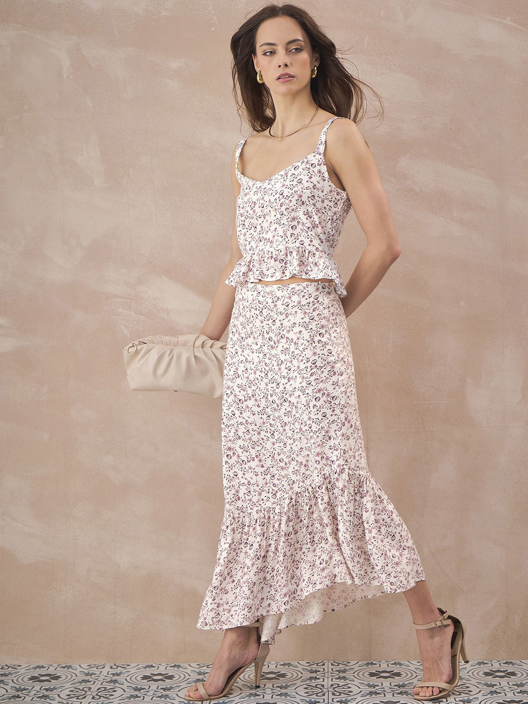 all about you Printed Shoulder Strap Top & Skirt Co-Odrs Set