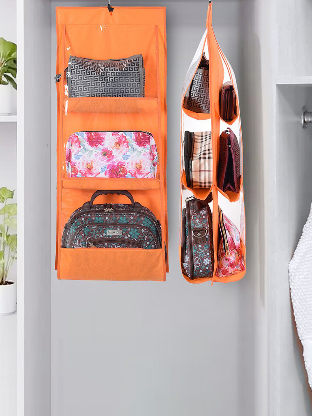 Kuber Industries Set of 2 Orange & Transparent 6 Pocket Multi-Utility Organisers