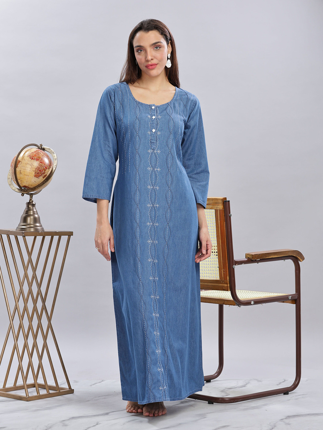9shines Label Plus Size Floral Embroidered Cotton Denim Maxi Nightdress