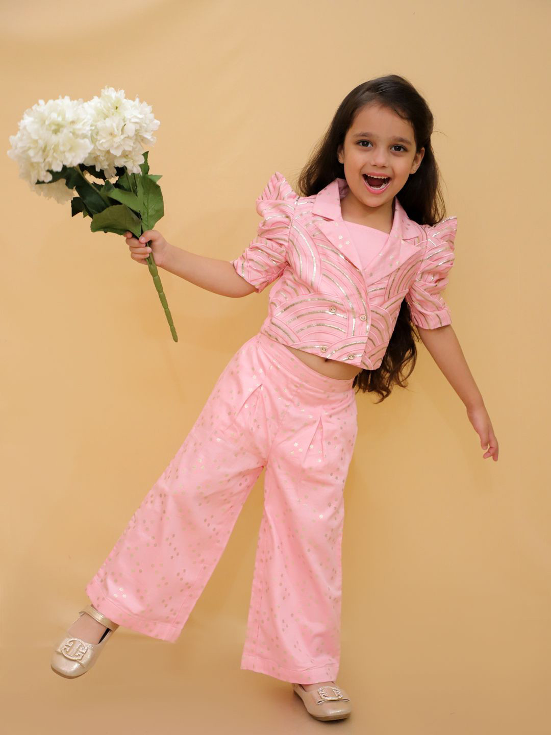 LIL DRAMA Girls Embroidered Lapel Collar Pure Cotton Jacket With Top With Trouser