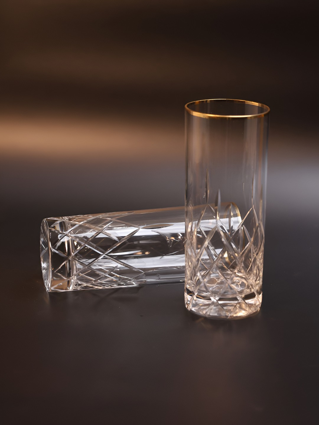 SMOKEY COCKTAIL Set of 2 Transparent & Gold-Toned Diamond Cut Tall Cocktail Glasses