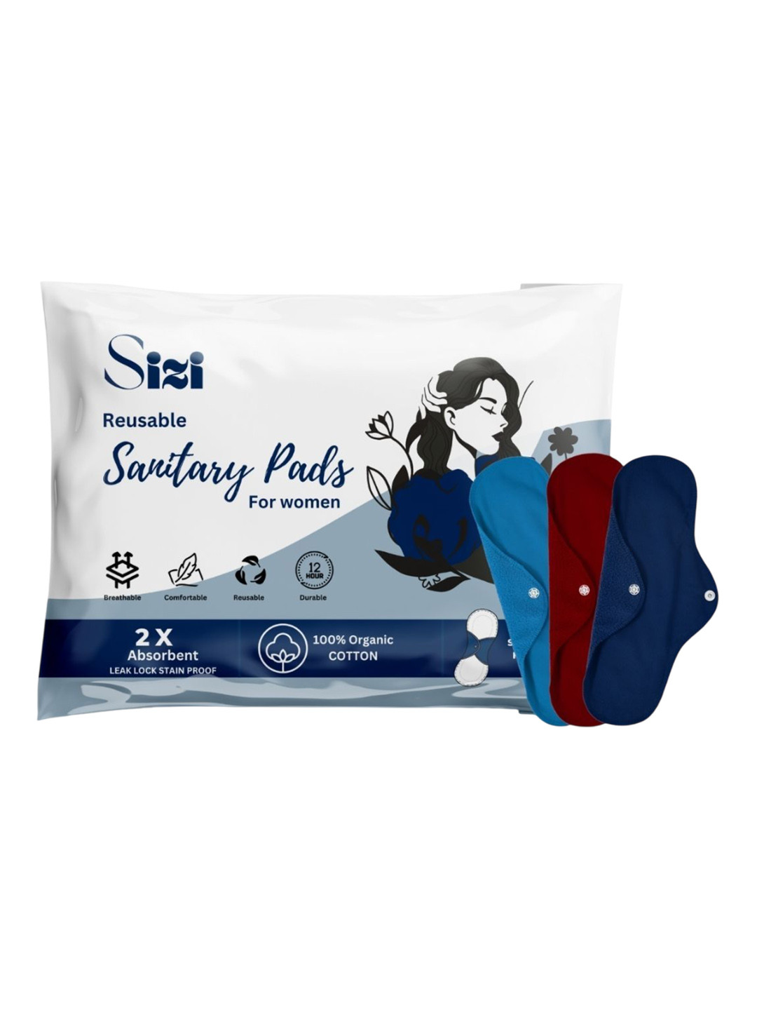Sizi Super Absorbent Washable & Reusable Cotton Sanitary Napkins - XL - 3 Pads