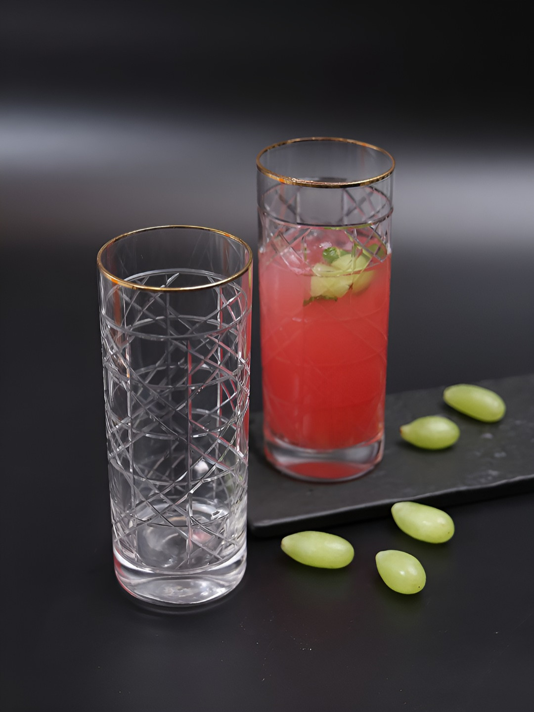 SMOKEY COCKTAIL Transparent Set of 2 Crystal Diamond Cut Tall Cocktail Glass with Gold Rim