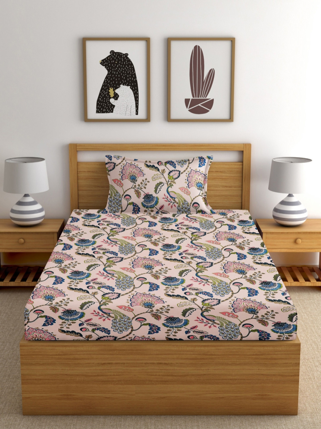 EXFAB Pink Animal Cotton 240 TC Fitted Single Fine Bedsheet with a Pillow Cover-46 x 74 inches