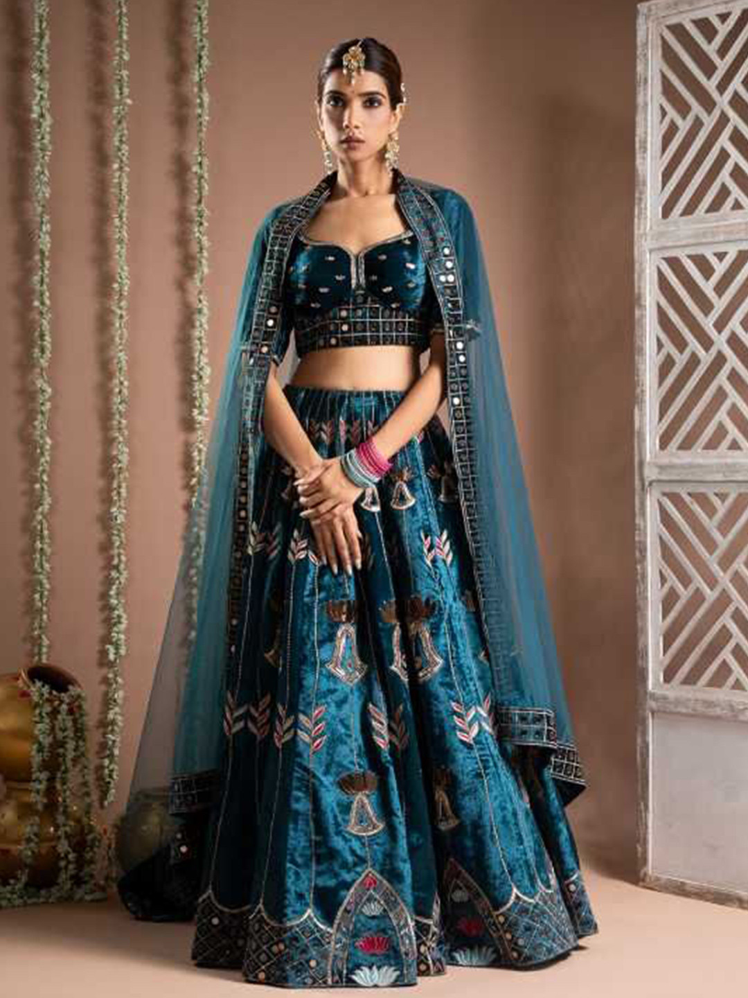 AHI Clothing Embroidered Mirror Work Ready to Wear Lehenga & Blouse With Dupatta