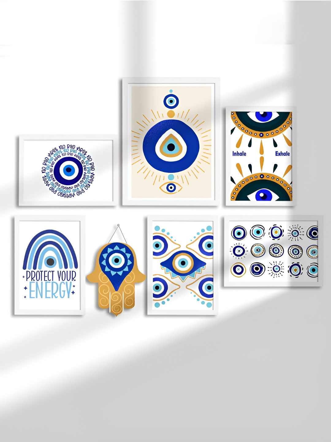 Art Street Blue & White 7 Pieces Greek Evil Eye Paper Painting Wall Arts
