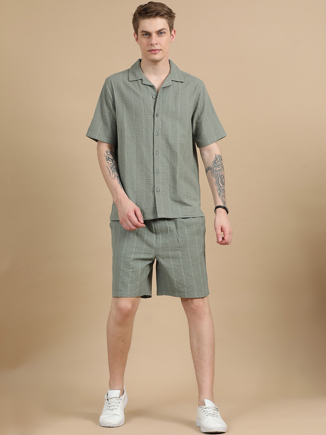 StitchX Men Textured Cotton Seersucker Resort Shirt & Short Co Ord Set