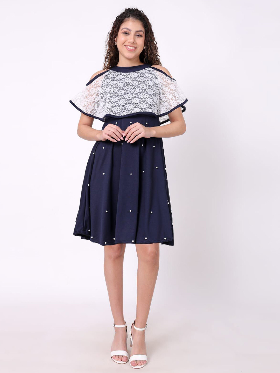 ORIEX THE ORIGINAL FASHION Polka Dot Cold-Shoulder Net A-Line Dress