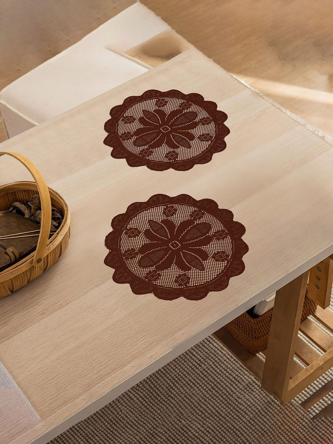 Kuber Industries Maroon 2 Pieces Floral Cotton Round Shape Net Table Placemats