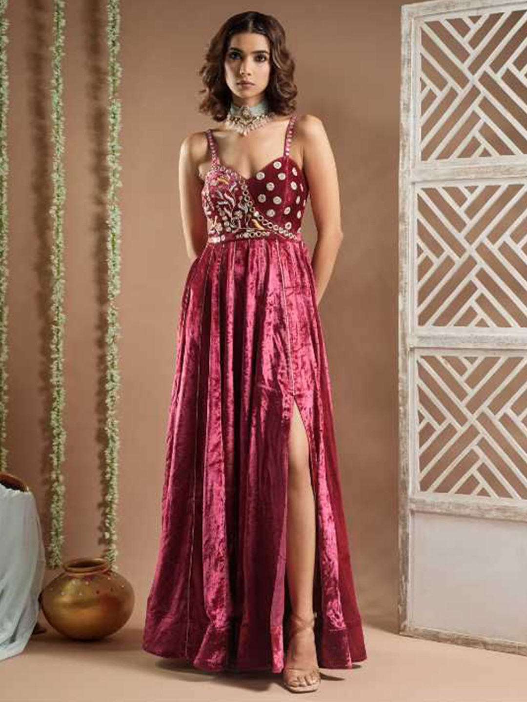 AHI Clothing Floral Embroidered Velvet Fit & Flare Maxi Dress