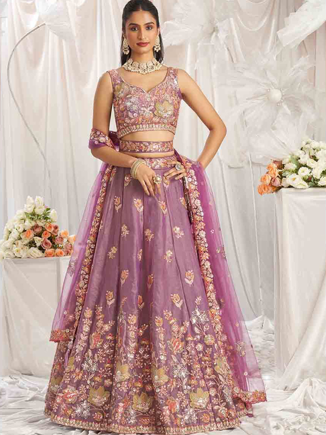 JIHU CULTURE Embroidered Sequinned Semi-Stitched Lehenga & Unstitched Choli & Dupatta