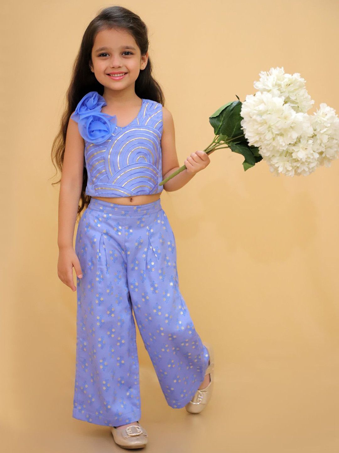 LIL DRAMA Girls Bollywood Tadka Embellished Pure Cotton Top With Trousers