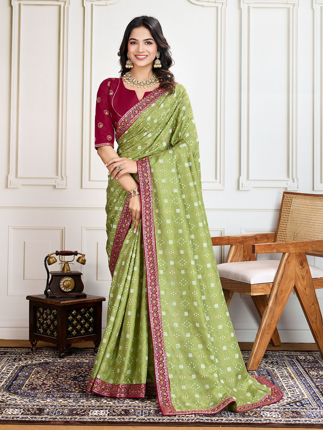 House of Pataudi Badshah Bandhani Printed With Embroidered Saree With Unstitched Blouse
