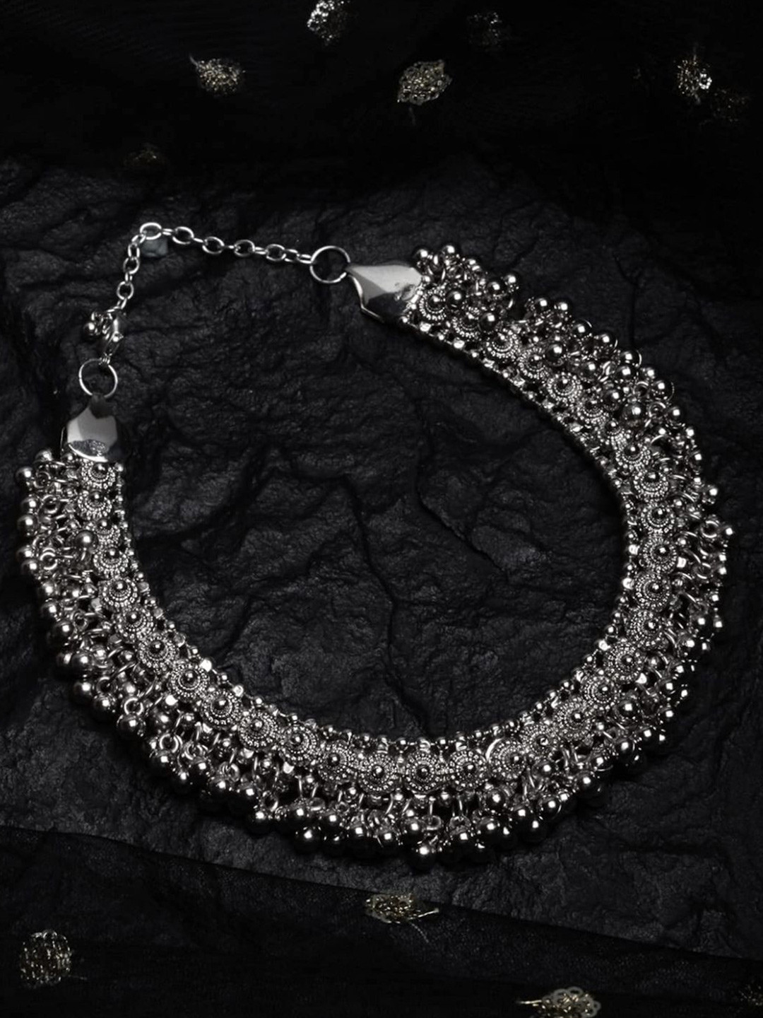 OPLERA SPARK German Silver Silver-Plated Statement Gungroo Patta Necklace