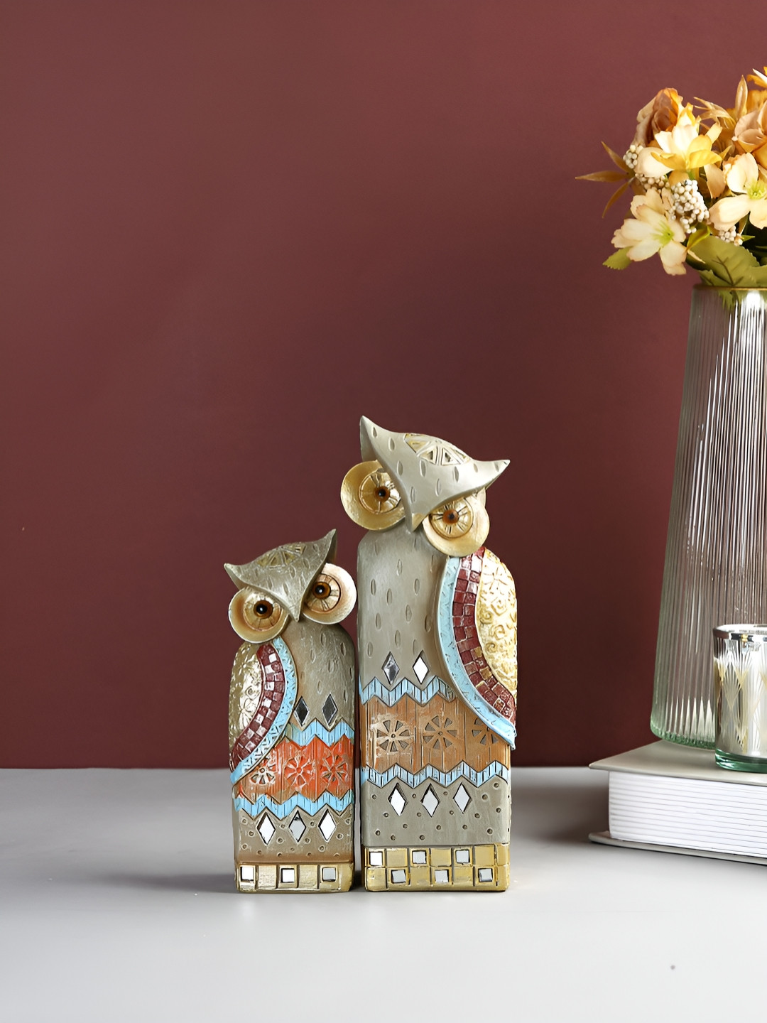 TAYHAA Mosaic Owl Grey Polyresin Matte Living Room Set of 2 Medium Showpieces - 7.9 Inches