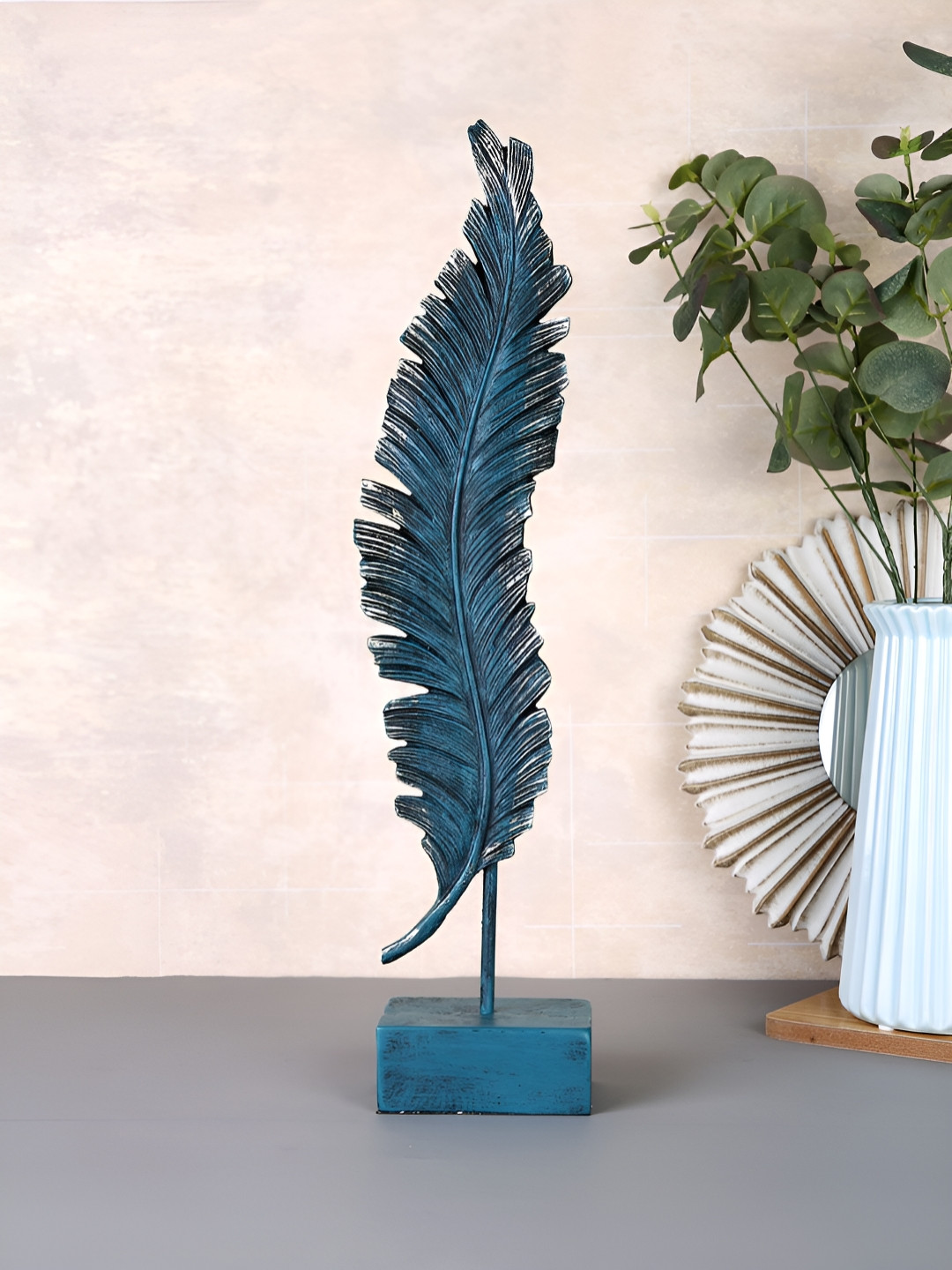 TAYHAA Feather Ornament Turquoise Blue Polyresin Glossy Living Room Large Showpiece - 16.5 Inches