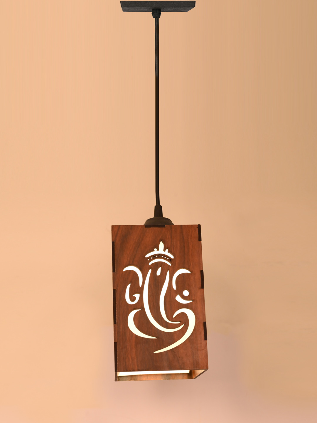 Gojeeva Brown and White Ganesh Wooden 10 Watts Rectangular Traditional Ceiling Lamp
