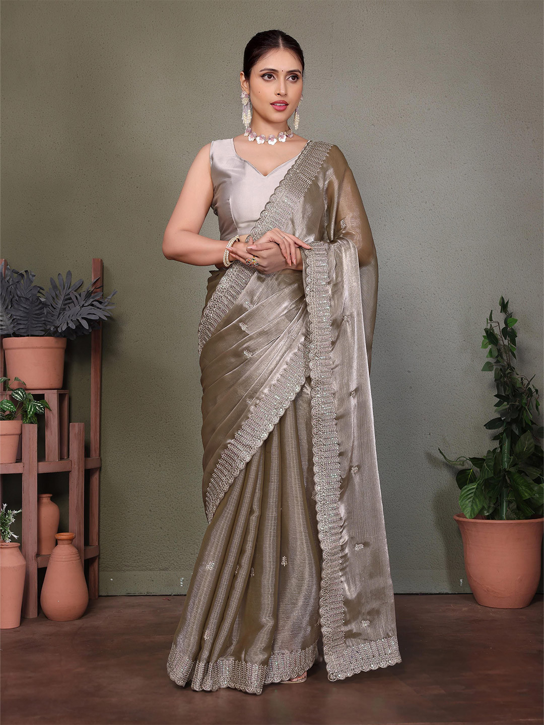 ALAGINI Ethnic Motifs Embroidered Organza Saree