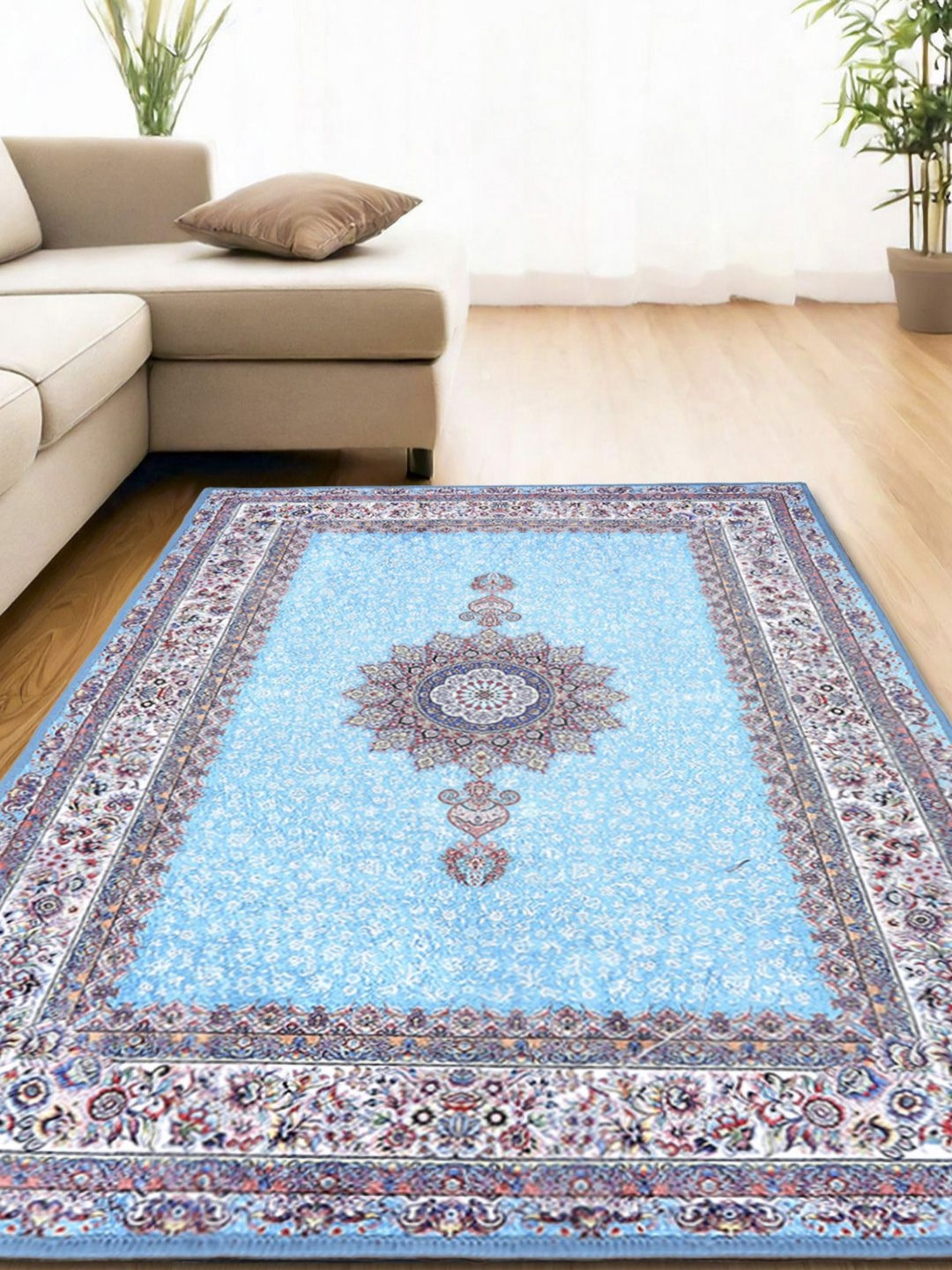 StatusBlue Traditional Printed Microfibre Ice velvet Anti Skid Carpet