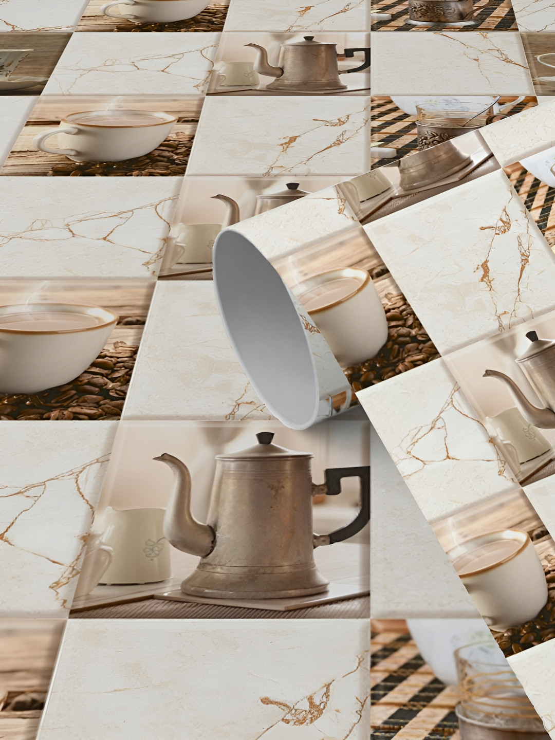 WallDaddy White & Brown Cup Surayi Printed Self Adhesive Wallpaper